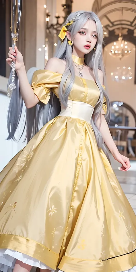 1girl,silver hair,long hair,yellow eyes,yellow dress