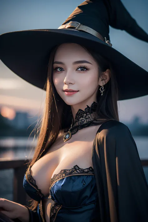 ((Best Quality, 8K, Masterpiece: 1.3)),Sharp: 1.2,Perfect Body Beauty: 1.4,cute girl,Highly detailed face and skin texture,detailed eyes,double eyelids,((fantasy)),((witch)),smile,wide shot,blue hour