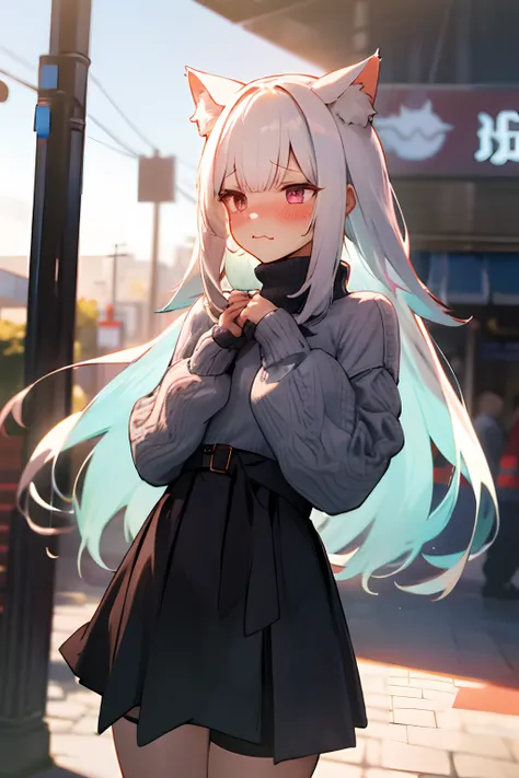 One girl with long hair, white hair, looking away, embarrassed, blushing, :3, outdoor, sweater, long sleeves, black hight waist skirt, thigh , cat ears, cat tails, round glasess