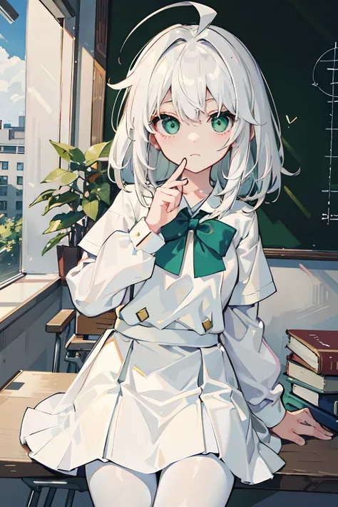 masterpiece,best quality,adorable girl,medium hair, white hair, ahoge, green eyes, white pantyhose，school uniform