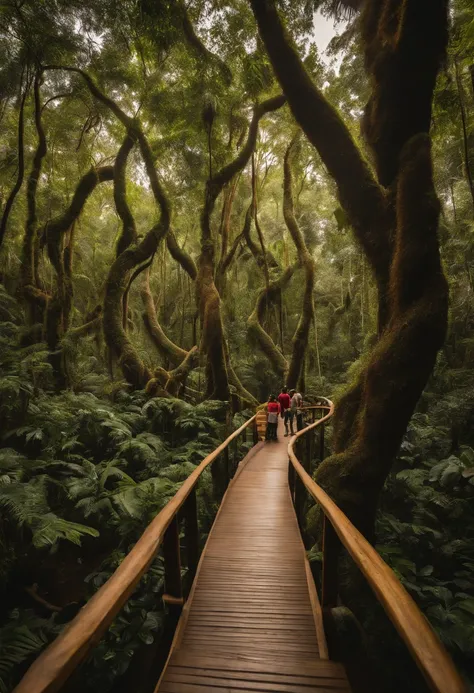 Perfect photo of mega thematic exhibition Santo Daime and Mestre Irineu, na Floresta Amazonica, com grandes esculturas. muitas pessoas de rostos perfeitos e curiosas tirando fotos, In the middle of huge and gigantic real trees like Jequitibá, Inside the ex...