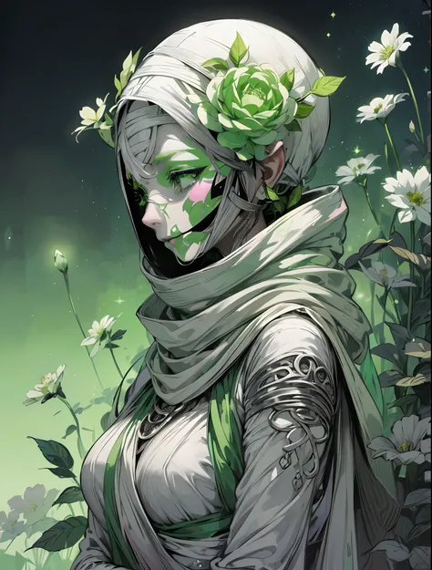 Beautiful cute girl light gray_green mummify
Goblin with visibily flower and white bandages,  mummy mask,  color splash,  monochrome green and pink,  beautiful fantasy,  cozy in the background,  manga style,  Tsutomu Nihei style,  beautiful colors,  Manga ...