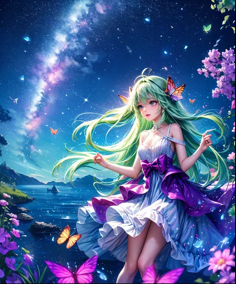 Cute girl characters、Describes a scene with grassy butterflies lying on the water flying around, Looking up at the starry sky. Surround her with colorful nebulae and her favorite constellations.