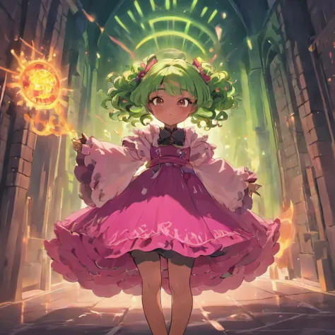 (black) girl, (pink) (curly) (braid) hair, (pink and Green) dress, (chubby) (dwarf) body, (witch) rpg