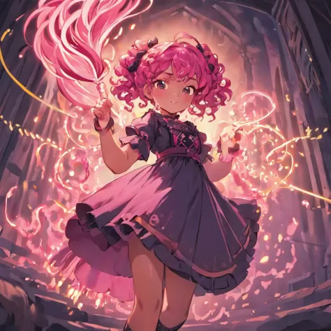 (black) girl, (pink) (curly) (braid) hair, (pink and Green) dress, (chubby) (dwarf) body, (witch) rpg