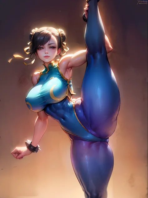 (masterpiece, best quality:1.4), (standing on one leg:1.2), (standing split:1.3), 1girl, solo, sfa chun, blue vest, unitard, blue pants, skintight, yellow ribbon, short hair, sneakers, bare shoulders, looking at viewer, beautifull smile, beautiful face, hi...