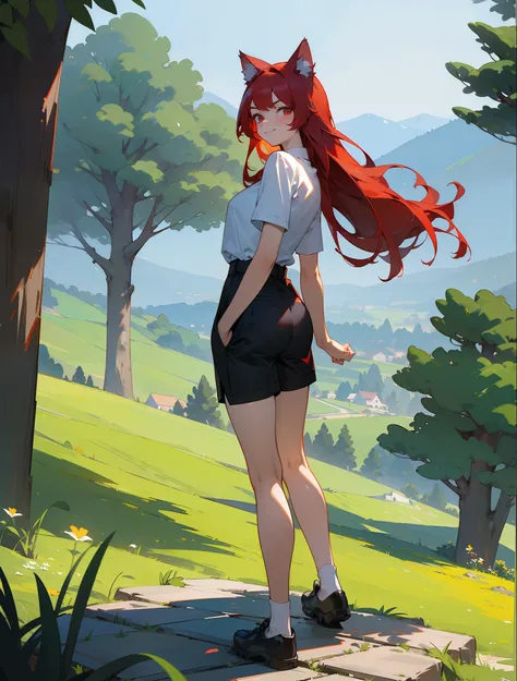 ((masterpiece,best quality)), day, flower,looking at viewer, looking back,outdoors,standing, trees,mountains, hills, forest,1girl ,20s,serious face,white shirt,black shorts,medium tits,red hair,long hair,red eyes,Cat ears,full body,smile