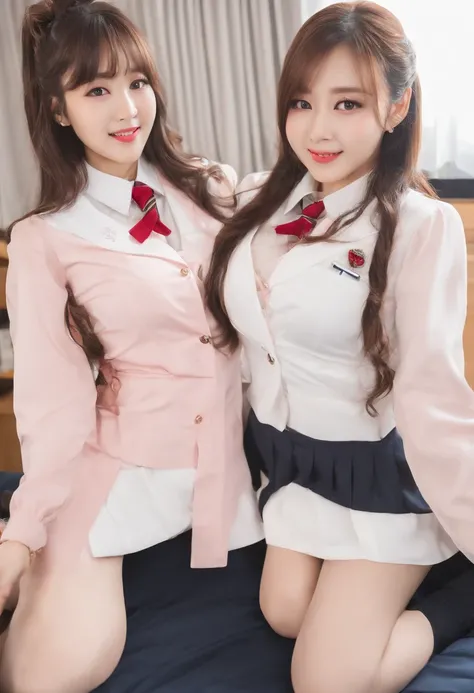 best quality, ultra high res, two stunning young and pretty teenage korean idols selfie on bed naked side by side in school uniform, pink nipple, taking a selfie from below without phone, (close-up:1.3), small head, showing bare breasts, smooth skin, smili...