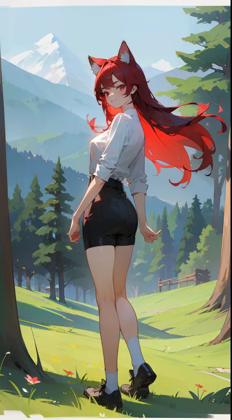 ((masterpiece,best quality)), day, flower,looking at viewer, looking back,outdoors,standing, trees,mountains, hills, forest,1girl ,20s,serious face,white shirt,black shorts,medium tits,red hair,long hair,red eyes,Cat ears,full body,smile