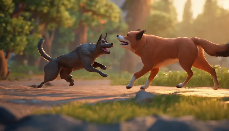 Portray a brave dog protecting the fox from an angry bull, Disney style.