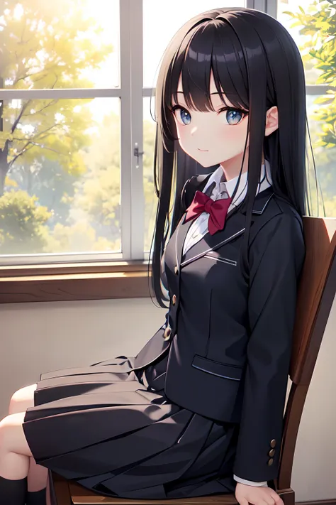 a beautiful junior high school student, (sit straight ),cute, uniform and skirt, (lustrous and black long hair),(bright eyes) ,gradient eyes, (sun light came in through the windows),(anime style),(CG), atmospheric perspective, masterpiece,((from side)), ac...