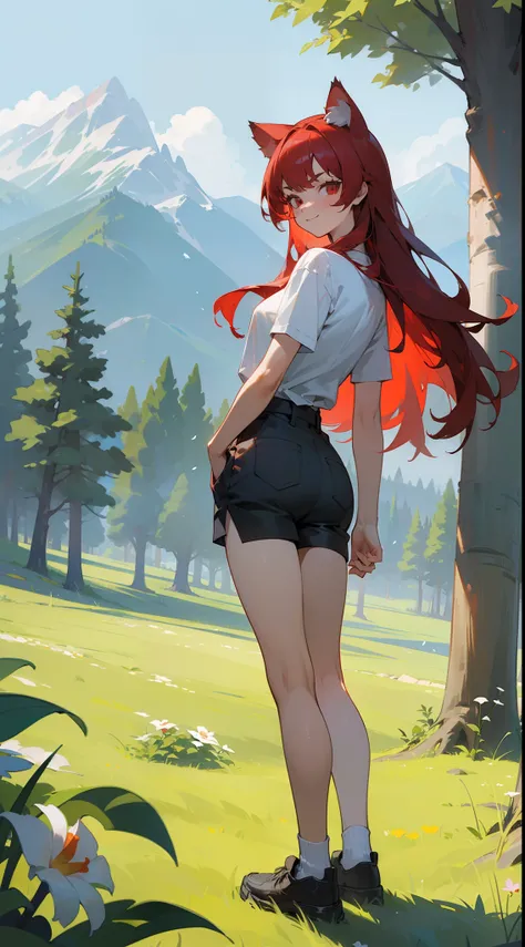 ((masterpiece,best quality)), day, flower,looking at viewer, looking back,outdoors,standing, trees,mountains, hills, forest,1girl ,20s,serious face,white shirt,black shorts,medium tits,red hair,long hair,red eyes,Cat ears,full body,smile