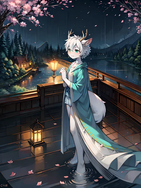 A white deer，long blue robes，Green eyes，deer antlers，River side，falling flower petals，It rained heavily，The tree，White petals，Lake Pavilion，Holding an umbrella，dark cloude，A sad look，veils，rainwater，Blue umbrella，White pear blossom tree，downpours，rain，hold...