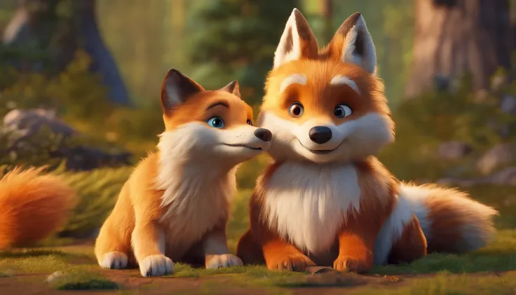 (best quality,4k,8k,highres,masterpiece:1.2),ultra-detailed,(realistic,photorealistic,photo-realistic:1.37),dog protecting fox,Disney style,illustration,cartoonish,vibrant colors,pastel tones,soft lighting,playful atmosphere,detailed characters,expressive ...