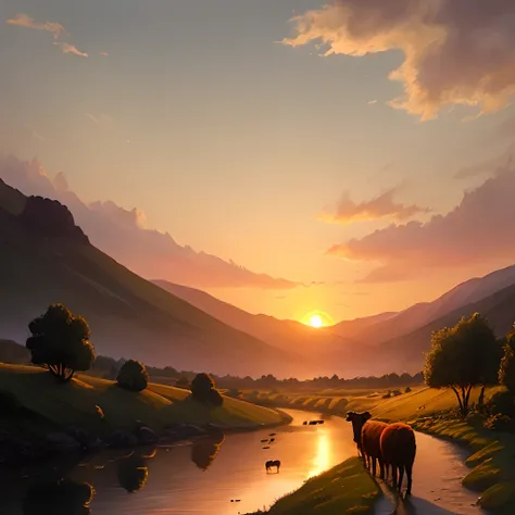 In the mountainous setting of Judea, the setting sun bathed the hills in a golden hue. On the banks of a serene stream, the young shepherd David watched his flock of sheep grazing peacefully. He had dark hair, eyes full of determination, and a carefully br...