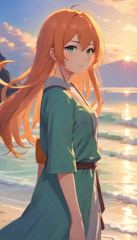 anime girl with long orange hair standing on beach near ocean, green eyes detailed digital anime art, anime girl with long hair, smooth anime cg art, anime girl with long hair, digital anime art, artwork in the style of guweiz, beautiful anime portrait, ph...