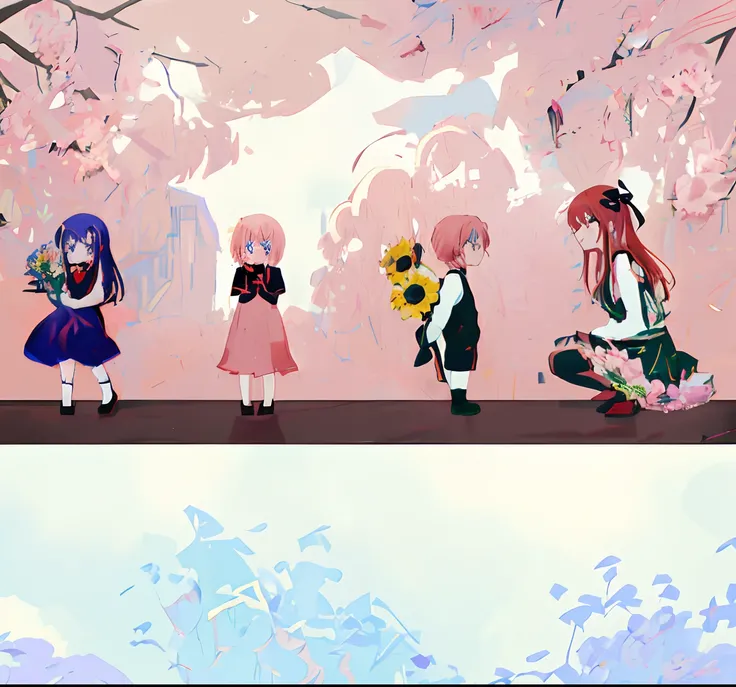 anime characters are standing in a line with flowers, flat anime style, cute art style, ddlc, ufotable art style, in ryuuou no oshigoto art style, good smile company anime style, anime stylized, anime style like fate/stay night, anime art style, cute anime...