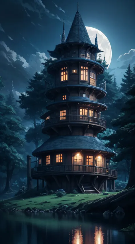 anime scenery of a large treehouse in the middle of a forest, digital art inspired by Andreas Rocha, pixiv, fantasy art, anime background art, nightime village background, anime background, anime countryside landscape, anime landscape wallpaper, anime scen...