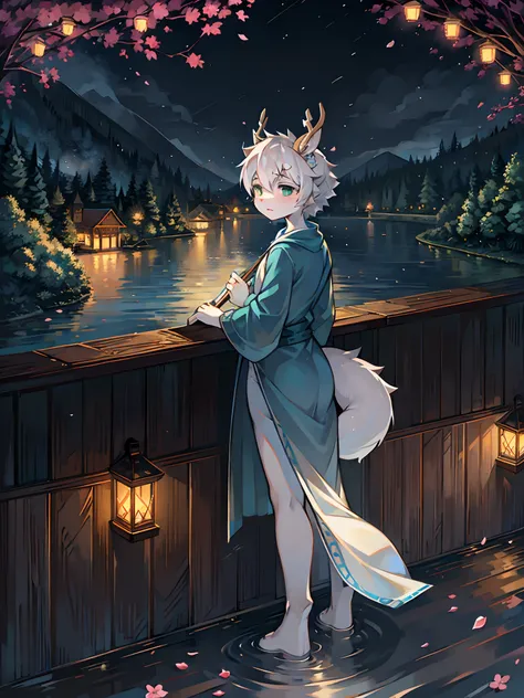 A white deer，long blue robes，Green eyes，deer antlers，River side，falling flower petals，It rained heavily，The tree，White petals，Lake Pavilion，Holding an umbrella，dark cloude，A sad look，veils，rainwater，Blue umbrella，White pear blossom tree，downpours，rain，hold...