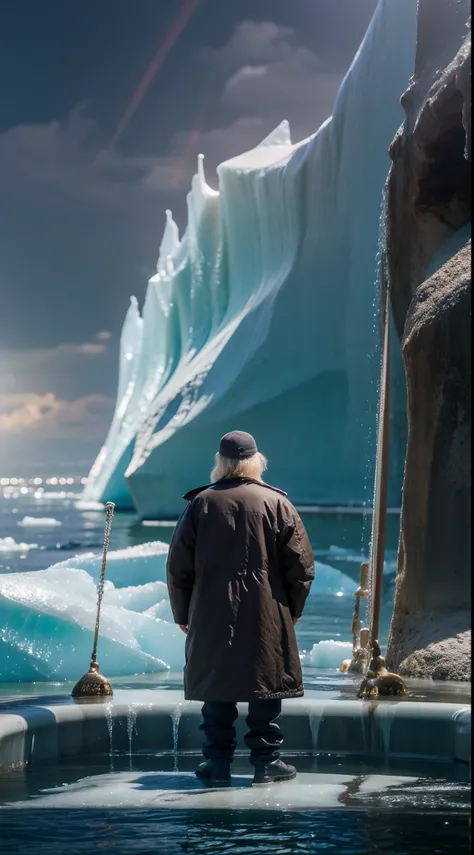 Old captain of a ship looking at icebergs in front of him with him on his back, oil painting by Johannes Vermeer and Edward Hopper – n 4 d 5 0 k trend in artstation dramatic lighting modernism resolution 8k detailed high detail sharp focus illustration cyb...