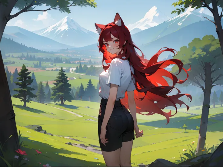 ((masterpiece,best quality)), day, flower,looking at viewer, looking back,outdoors,standing, trees,mountains, hills, forest,1girl ,20s,serious face,white shirt,black shorts,medium tits,red hair,long hair,red eyes,Cat ears,smile