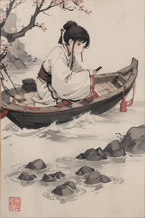 （tmasterpiece，best qualtiy：1.2），Tradition Chinese Ink Painting，child，Small rivers，Boat