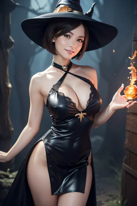 ((Best Quality, 8K, Masterpiece: 1.3)),Sharp: 1.2,Perfect Body Beauty: 1.4,cute girl,short hair,large breasts,Highly detailed face and skin texture,detailed eyes,double eyelids,smile,(slit tight skirt),tight-dress,((fantasy)),((witch)),spread arms,((using ...