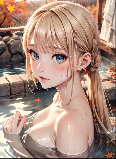 absurderes, ultra-detailliert,bright colour, extremely beautiful detailed anime face and eyes, view straight on, ;D, shiny_skin,25 years old,(Onsen:1.4),(flooded:1.4),(Bath towel:1.2),(Wet:1.4)、(Overflowing hot tub),Short hair,asymmetrical bangs, Blonde ha...