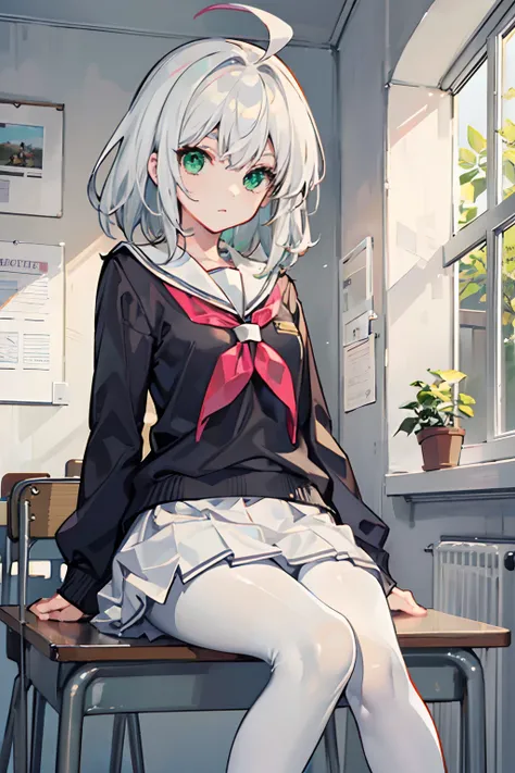 Masterpiece,Best quality,a beauty girl,Medium hair, White hair, ahoge, Green eyes, White pantyhose，school uniform