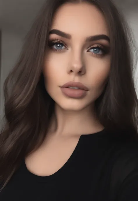 Arafed woman with black clothes, fille sexy aux yeux bruns, Masterpiece, Portrait Sophie Mudd, cheveux bruns et grands yeux, selfie of a young woman, Yeux de chambre, Violet Myers, sans maquillage, maquillage naturel, looking straight at camera, Visage ave...