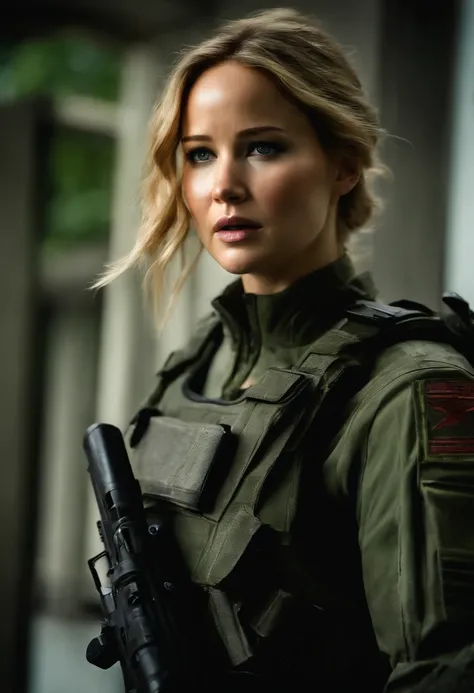 Jennifer Lawrence in special force suit, natural breast, high resolution, realistic art, fighting zombies, 1 mature female, 1 milf, solo, in roof top, green blood splatter, serious face, mouth closed ray tracing, perfect lighting, perfect detail,