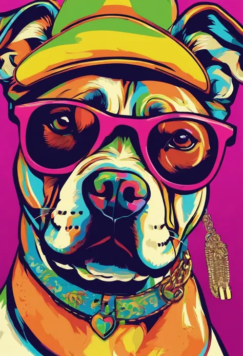 Pitbull dog with sunglasses, corrente de ouro, hat and cigarette