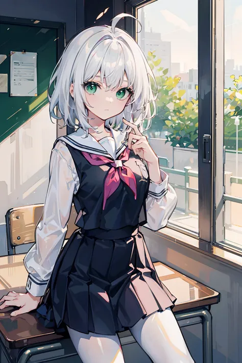 Masterpiece,Best quality,a beauty girl,Medium hair, White hair, ahoge, Green eyes, White pantyhose，school uniform