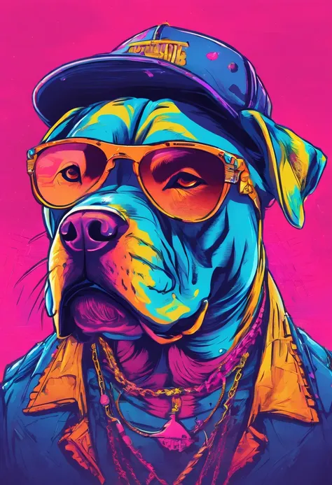 Pitbull dog with sunglasses, corrente de ouro, hat and cigarette