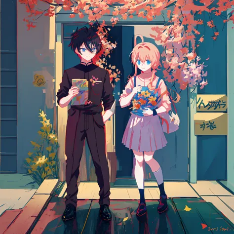 anime characters are standing in a line with flowers, flat anime style, cute art style, ddlc, ufotable art style, in ryuuou no o...