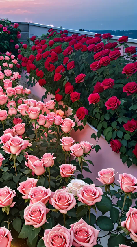 There are a lot of pink roses in the garden，The background is sunset, roses in cinematic light, rosette, a few roses, pink and red colors, Red neon rose, rosses, Rose tones, shades of pink, rose pink lighting, laying on roses, red roses at the top, Rose ga...