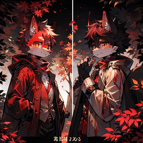 Male red cat，Chinese trench coat，firmament，shoun，Single-image charts，Long red scarf，Maple leaves fall from the sky，Blood-red umbrella