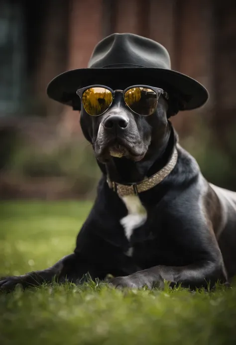 Pitbull dog with sunglasses, corrente de ouro, hat and cigarette