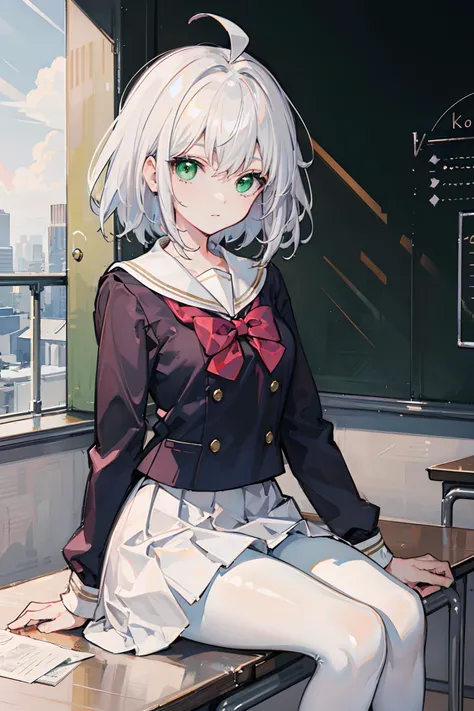 Masterpiece,Best quality,a beauty girl,Medium hair, White hair, ahoge, Green eyes, White pantyhose，school uniform