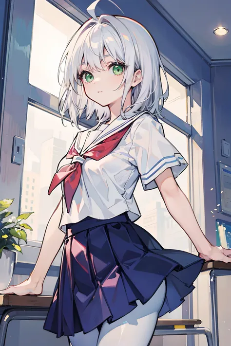 Masterpiece,Best quality,a beauty girl,Medium hair, White hair, ahoge, Green eyes, White pantyhose，school uniform