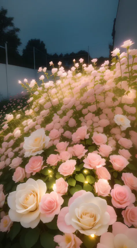 There are a lot of white and pink flowers in the garden, rose pink lighting, Glowing flowers, soft bloom lighting, lights with bloom, soft light 4 k in pink, Luminous flowers, soft white glow, beautiful aesthetic, beautifully soft lit, beautiful light up, ...