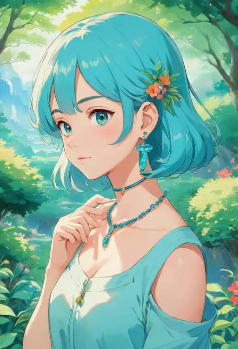 Girl in an anime collar, Long necklaces and earrings, In the style of a tranquil garden landscape, colorful animation stills, Masami Teraoka, aquamarine, paul gauguin, Embry style, Honest portrayal