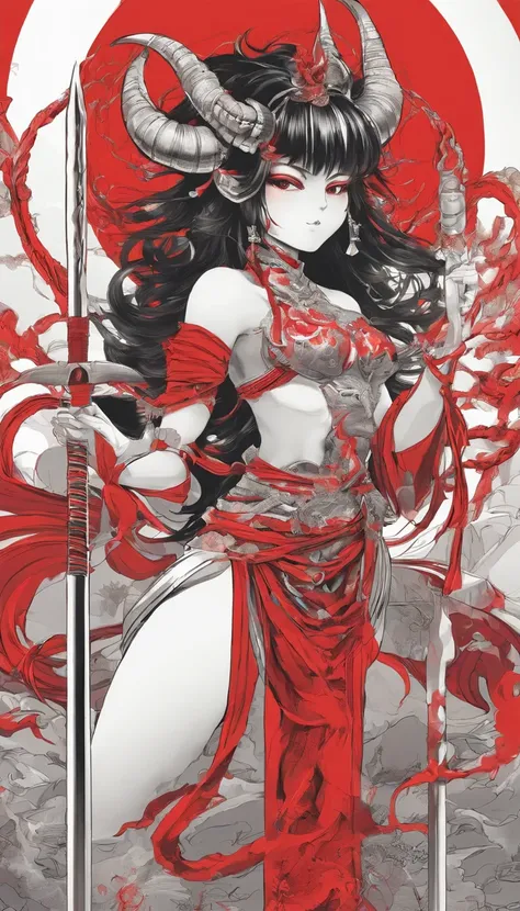 an oni woman with red skin with medium horns, muscular with large breasts with a cloth covering them holding a silver club