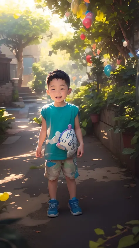 A boy, zoo, many balloons, happy, happy, perfect quality, clear focus (clutter - home: 0.8), (masterpiece: 1.2) (realistic: 1.2) (bokeh) (best quality) (detailed skin: 1.3) (complex details) (8K) (detail eyes) (sharp focus), (happy) full body, two children...