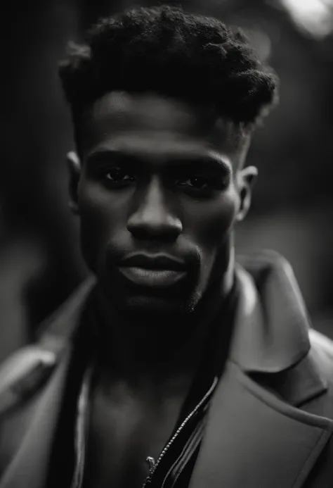 mbres sensuelles: The handsome enigmatic black man look - Dive into sensual shadows with an extreme close-up that highlights the striking and short eyes, curly brown hair, (shaven:1.3). The mastery of light and shadow adds depth to its masculine aspect in ...