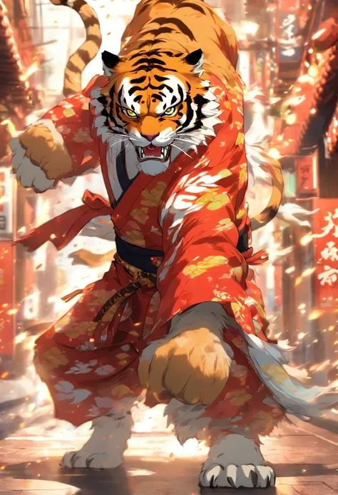 Tiger beastman in kimono, in a fighting stance, in a street, to stand, White tiger