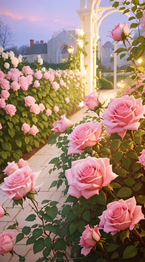 There are many pink roses growing in the garden with white arches, rose pink lighting, with soft pink colors, soft light 4 k in pink, Rose garden, roses in cinematic light, rosette, Rose, Rose background, melanchonic rose soft light, Pink flowers, at gentl...