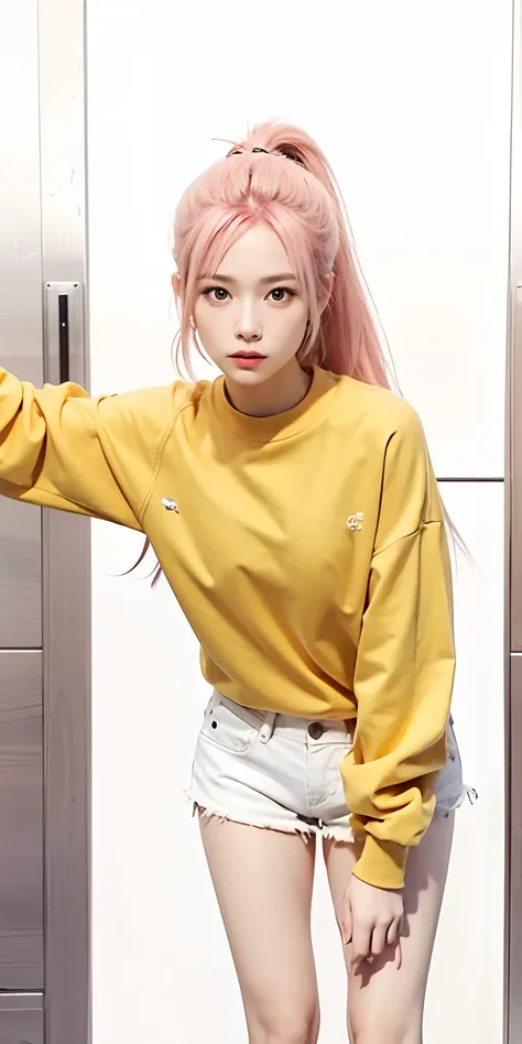 1girl,pink hair,long hair, ponytail hair,yellow sweater,white short