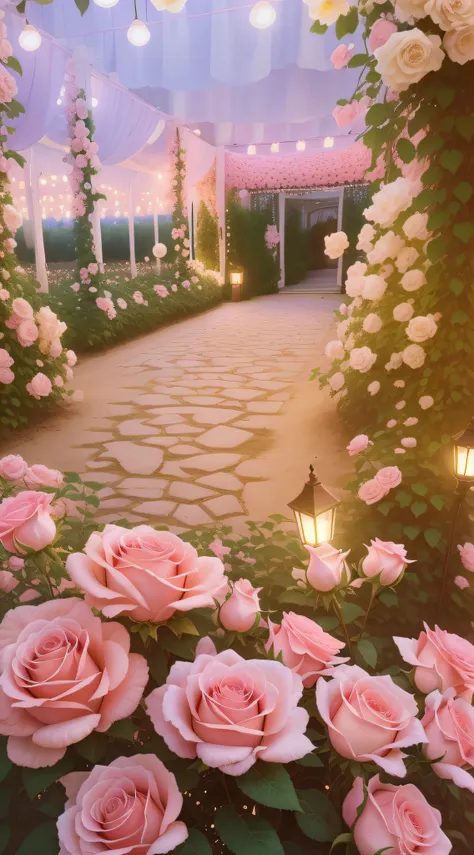 There are a lot of pink roses in the garden，There are lights, an aesthetic field of flowers, very magical and dreamy, blossoming path to heaven, Beautiful and aesthetic, dreamy aesthetic, rose pink lighting, portal made of roses, with soft pink colors, dre...