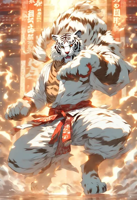 ((White kimono)),((White Tiger Beastman)), in a fighting stance, to stand, White tiger